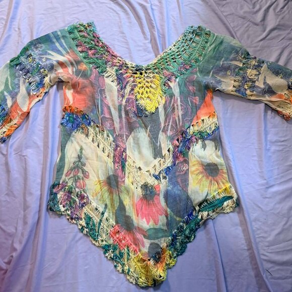 Dor Dor Couture Beach coverup / colorful crochet trimmed top / 3/4 sleeves XL - Picture 2 of 15